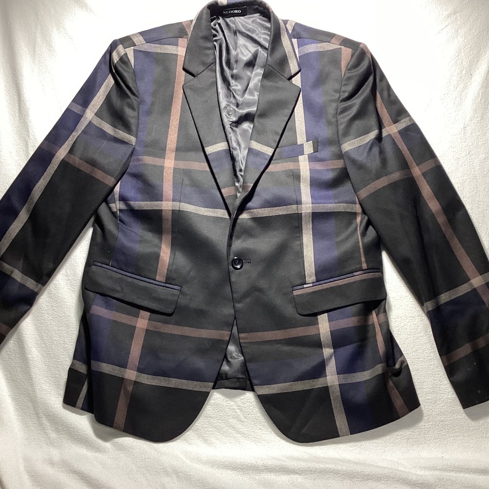 Kudoro Mens Oversized Plaid Blazer Black Blue Brown Single Button Slim Jacket